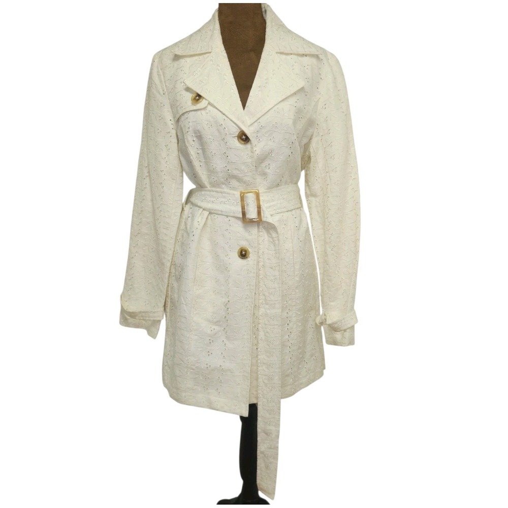 Dialogue Eyelet‎ Trench Coat Size Small Linen Cotton Off White Women's
